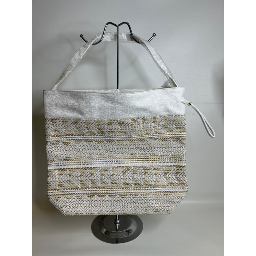 Estée Lauder White & Gold Tote Bag With Woven Pattern & Textured Faux Leather Trim
