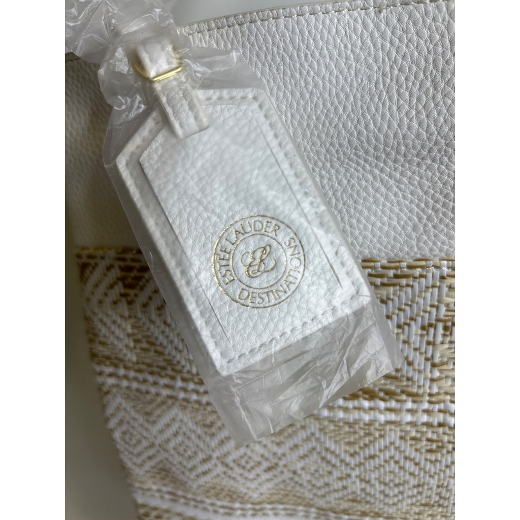 Estée Lauder White & Gold Tote Bag With Woven Pattern & Textured Faux Leather Trim