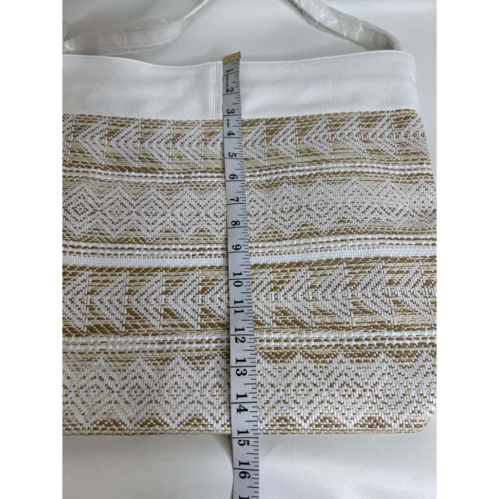 Estée Lauder White & Gold Tote Bag With Woven Pattern & Textured Faux Leather Trim