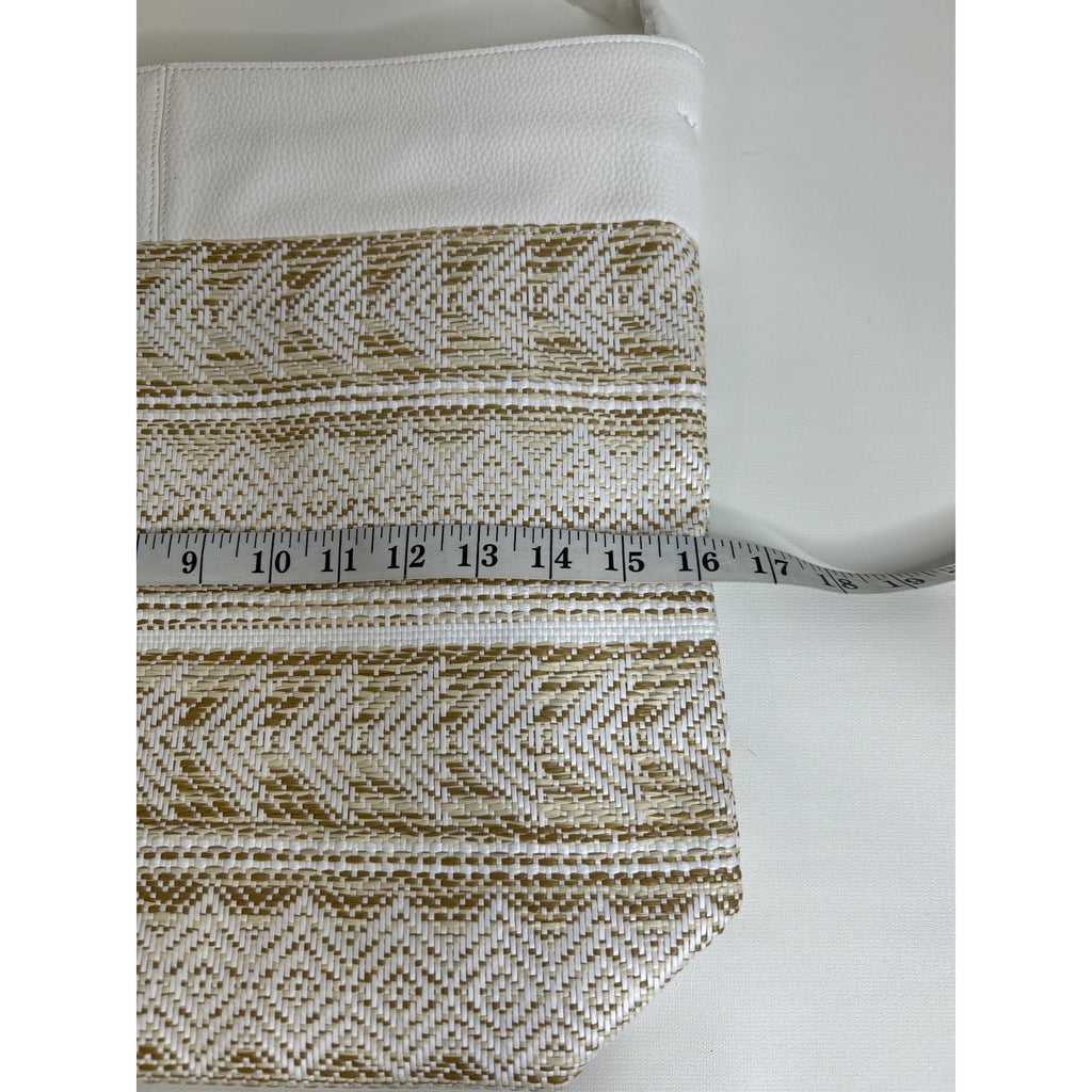 Estée Lauder White & Gold Tote Bag With Woven Pattern & Textured Faux Leather Trim