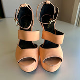 Peach Platform Open-Toe High Heels Size 6.5 With Ankle Strap & Gold Buckle