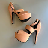 Peach Platform Open-Toe High Heels Size 6.5 With Ankle Strap & Gold Buckle