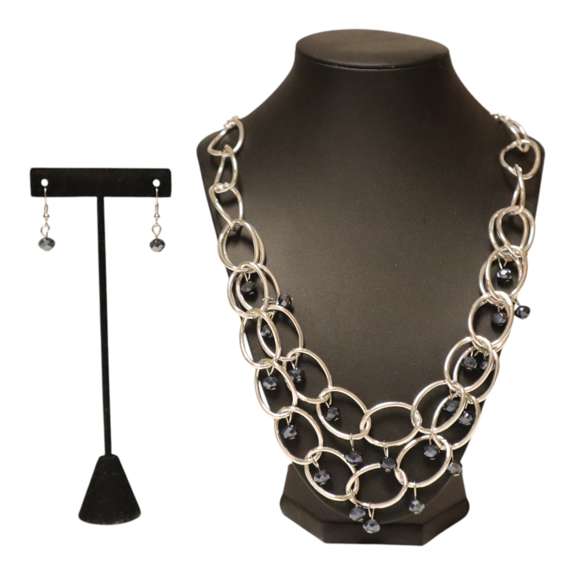 Silver-Tone Chain Link Necklace & Dangling Black Bead Earrings Set