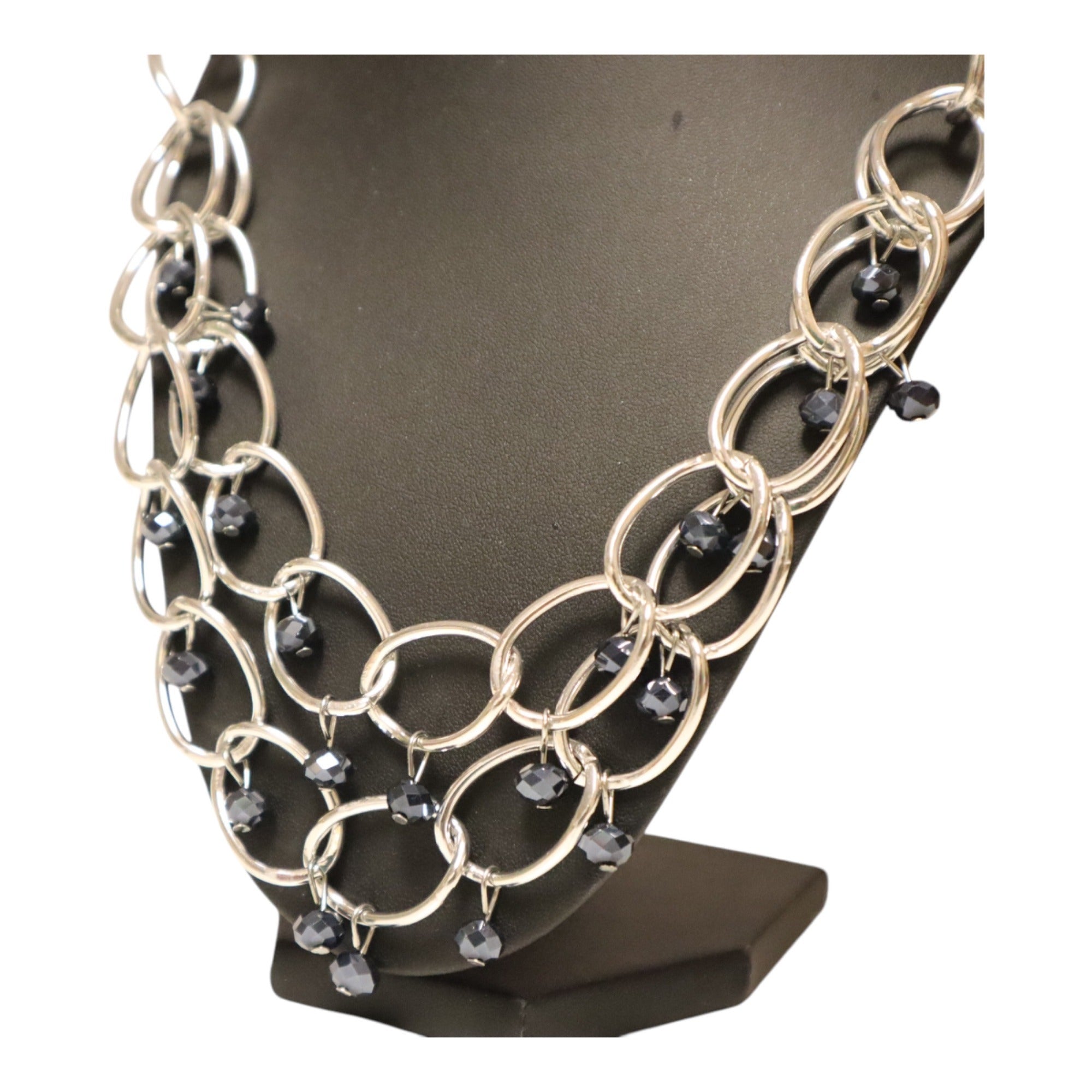Silver-Tone Chain Link Necklace & Dangling Black Bead Earrings Set