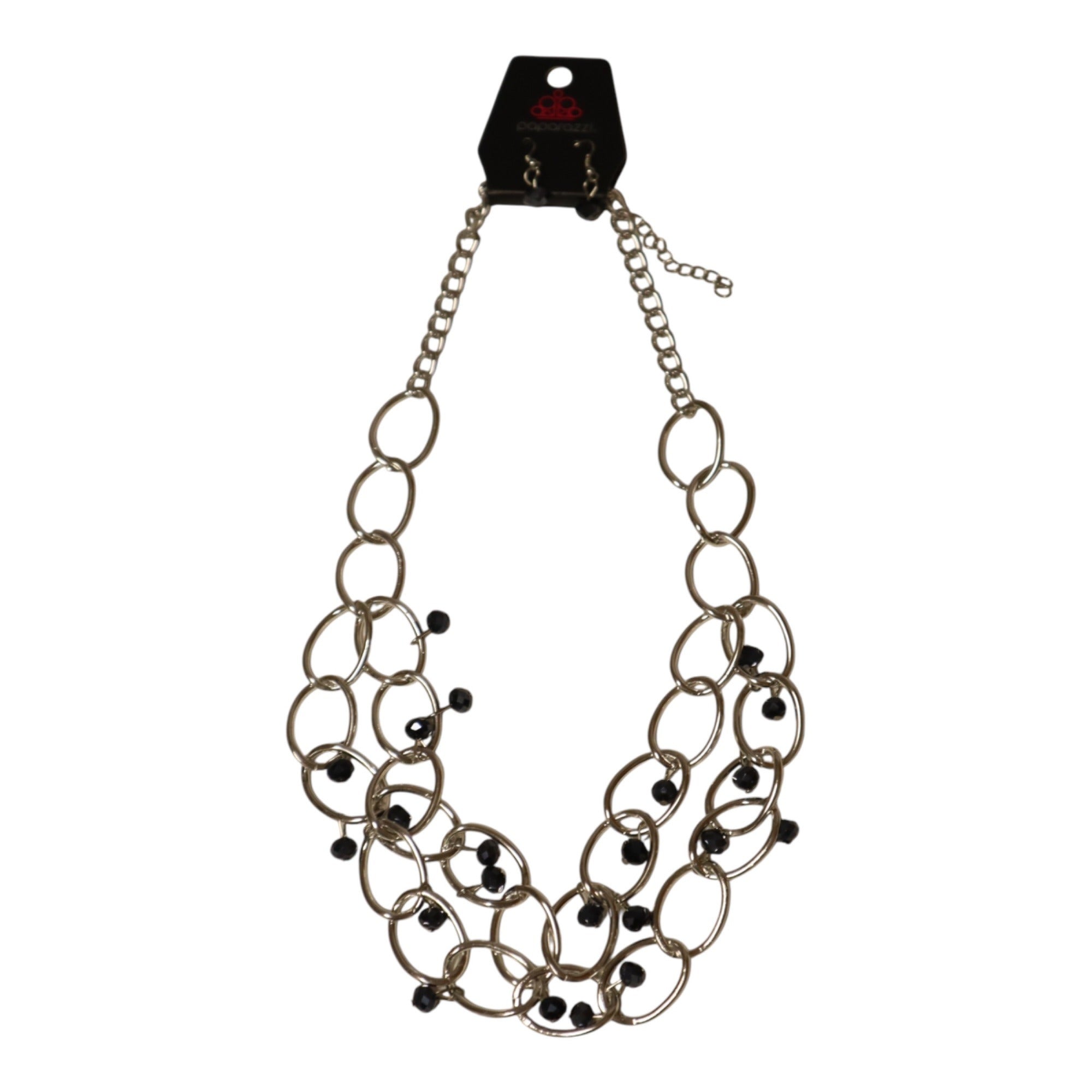 Silver-Tone Chain Link Necklace & Dangling Black Bead Earrings Set