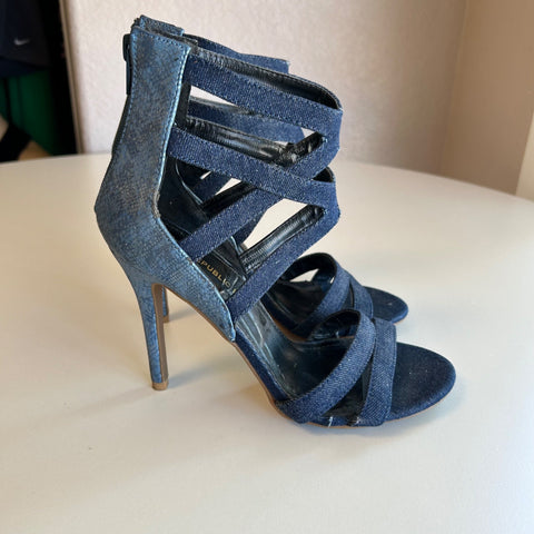 Shoe Republic LA Women's Size 6.5 Blue Strappy Denim Open Toes Stiletto Heels