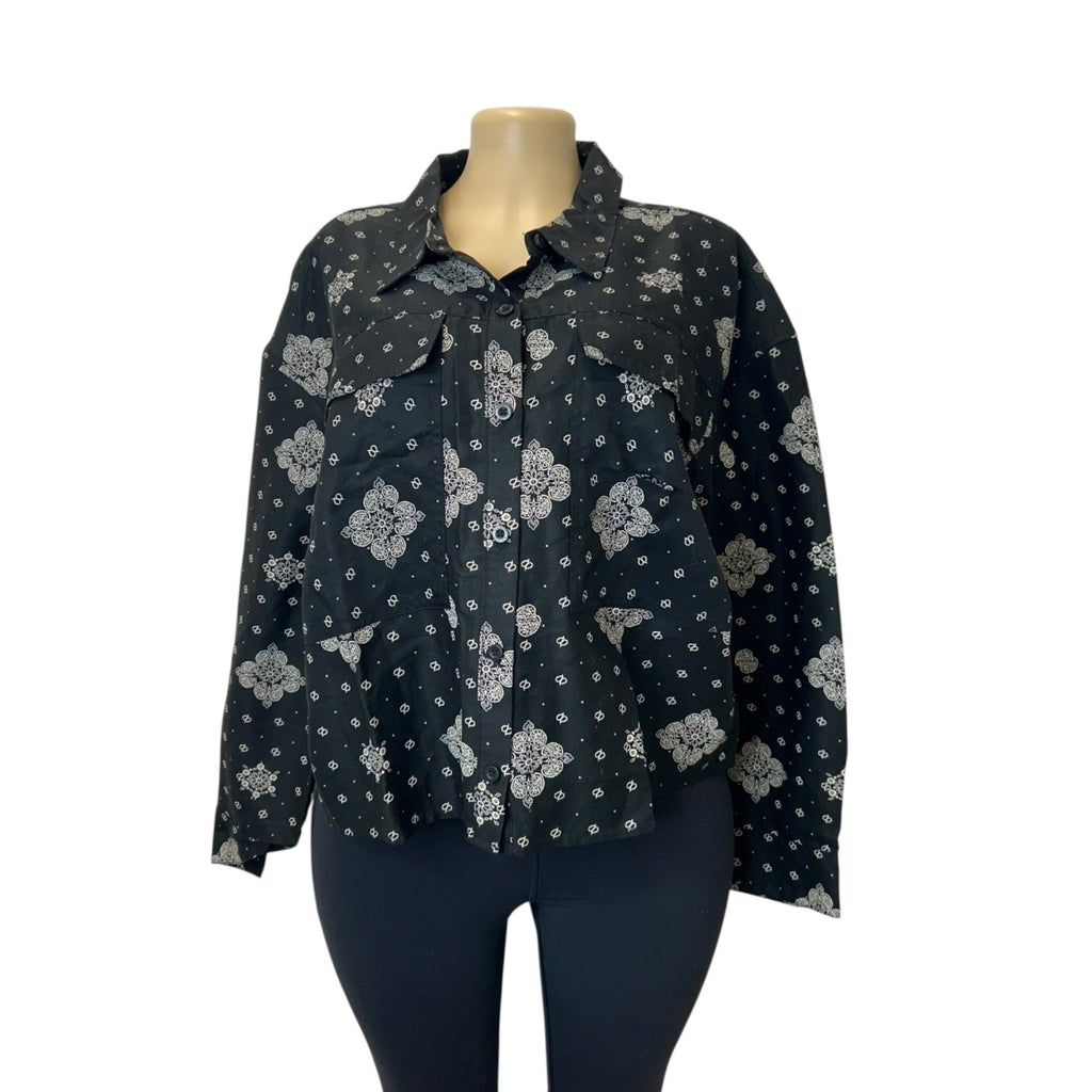 K-72 Woolrich Women's Bandana Print Button-Down Collared Utility Shirt Black Size XL