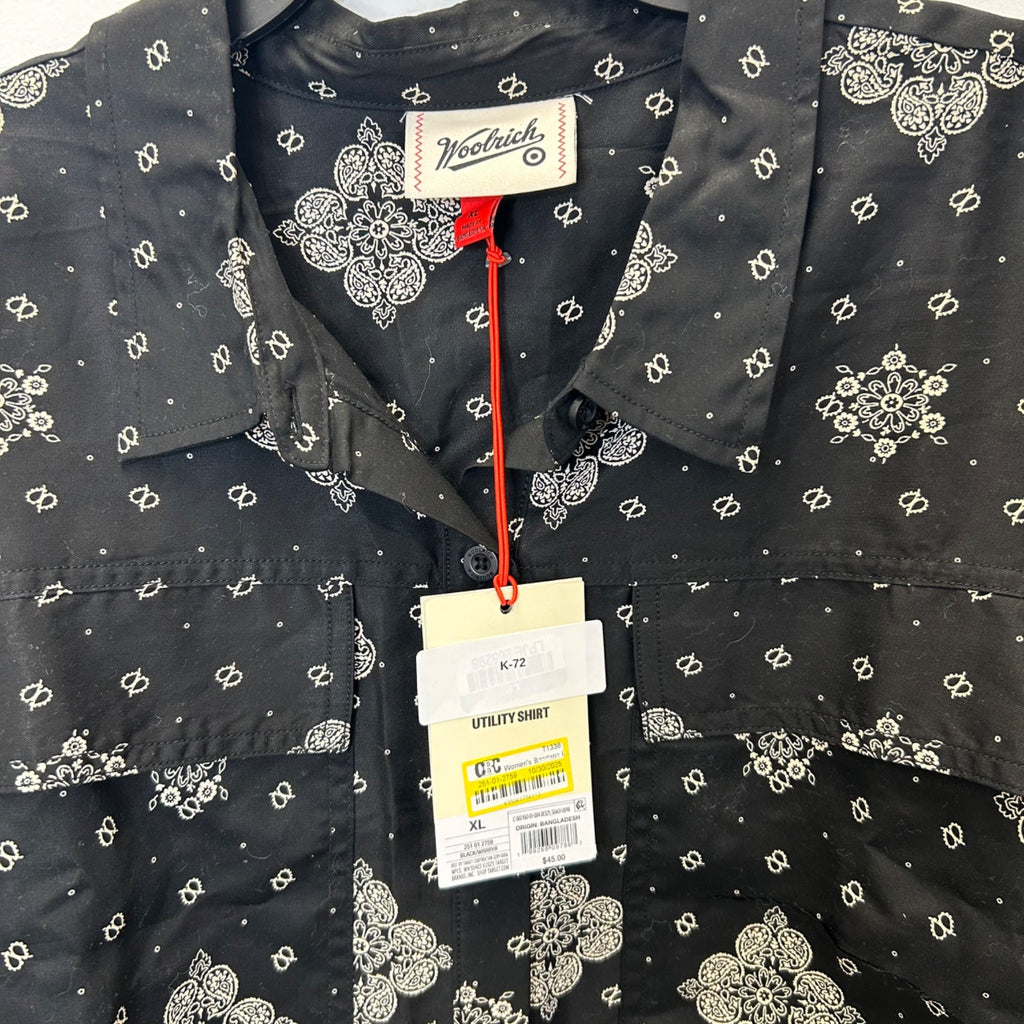 K-72 Woolrich Women's Bandana Print Button-Down Collared Utility Shirt Black Size XL