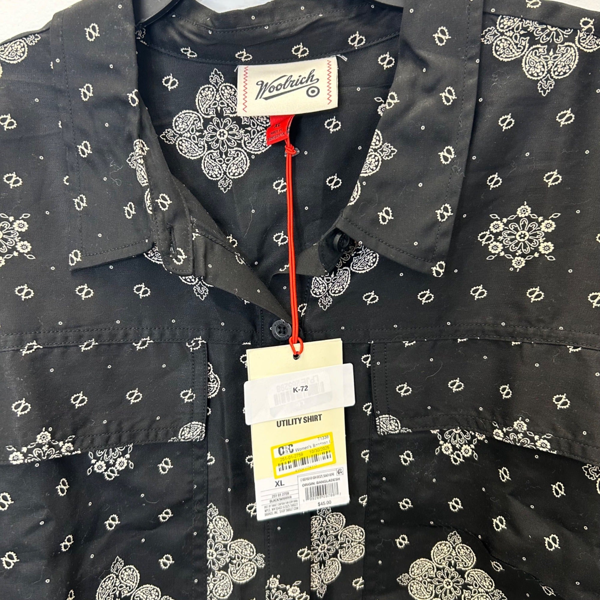 K-72 Woolrich Women's Bandana Print Button-Down Collared Utility Shirt Black Size XL