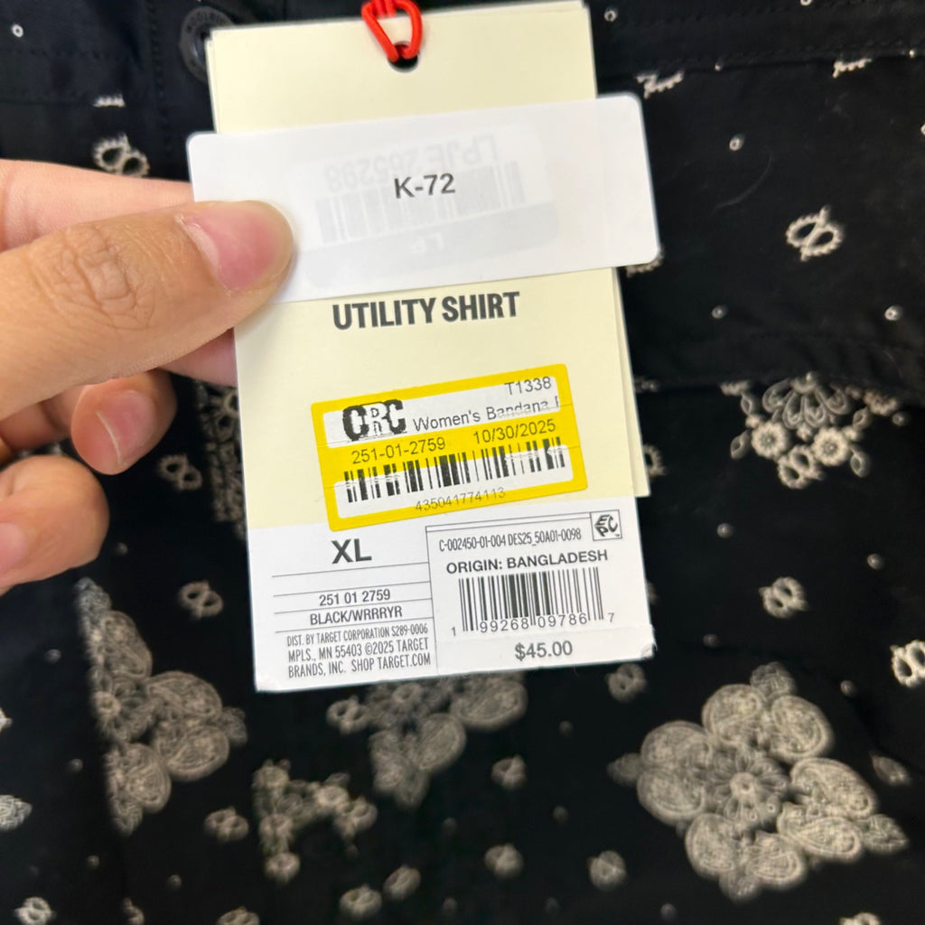 K-72 Woolrich Women's Bandana Print Button-Down Collared Utility Shirt Black Size XL