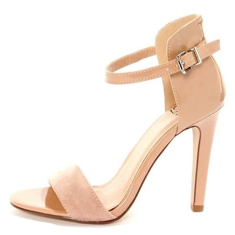 Delicious Tan Patent and Suede Open Toes High Heels Women's Size 6.5