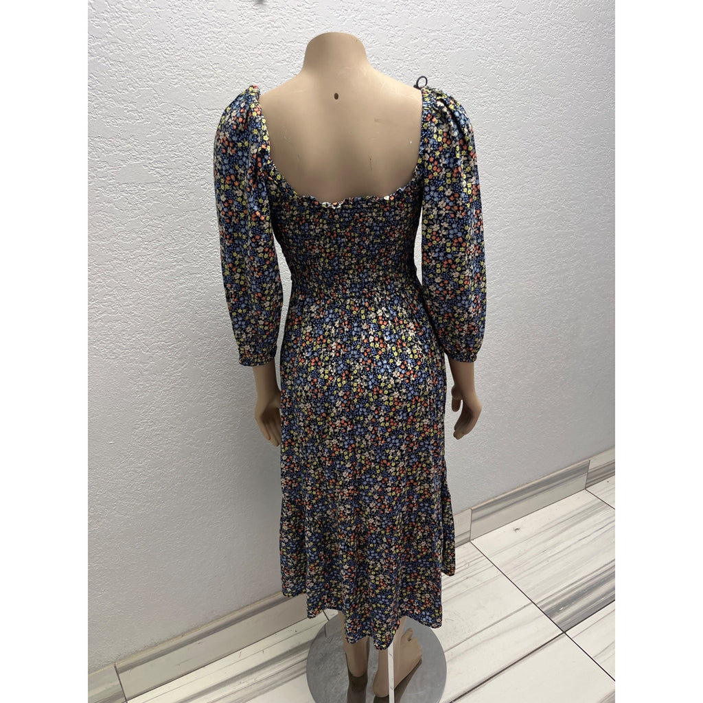 #1129 Gap Size S Multicolor Floral Smocked Midi Dress with Puff Sleeves