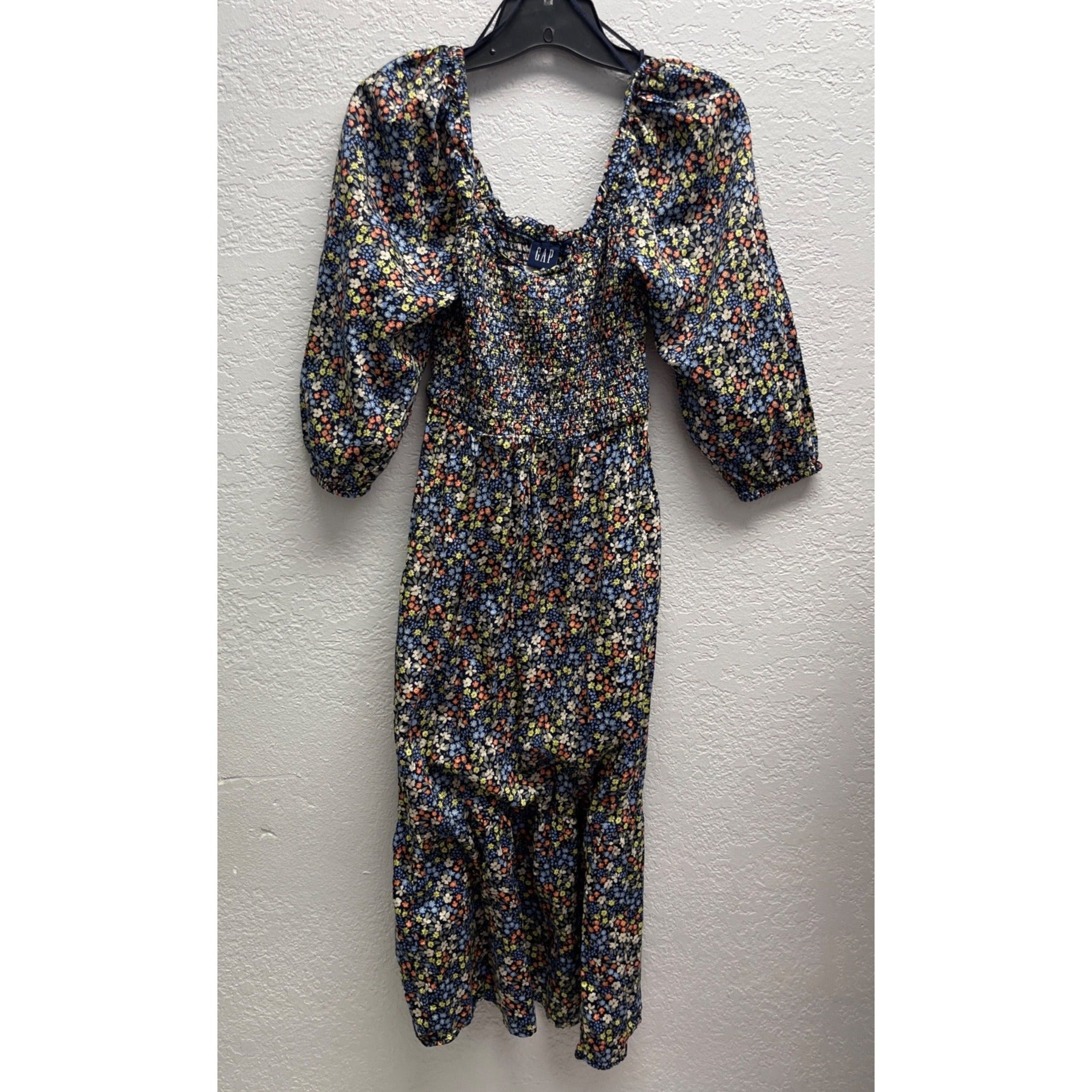 #1129 Gap Size S Multicolor Floral Smocked Midi Dress with Puff Sleeves