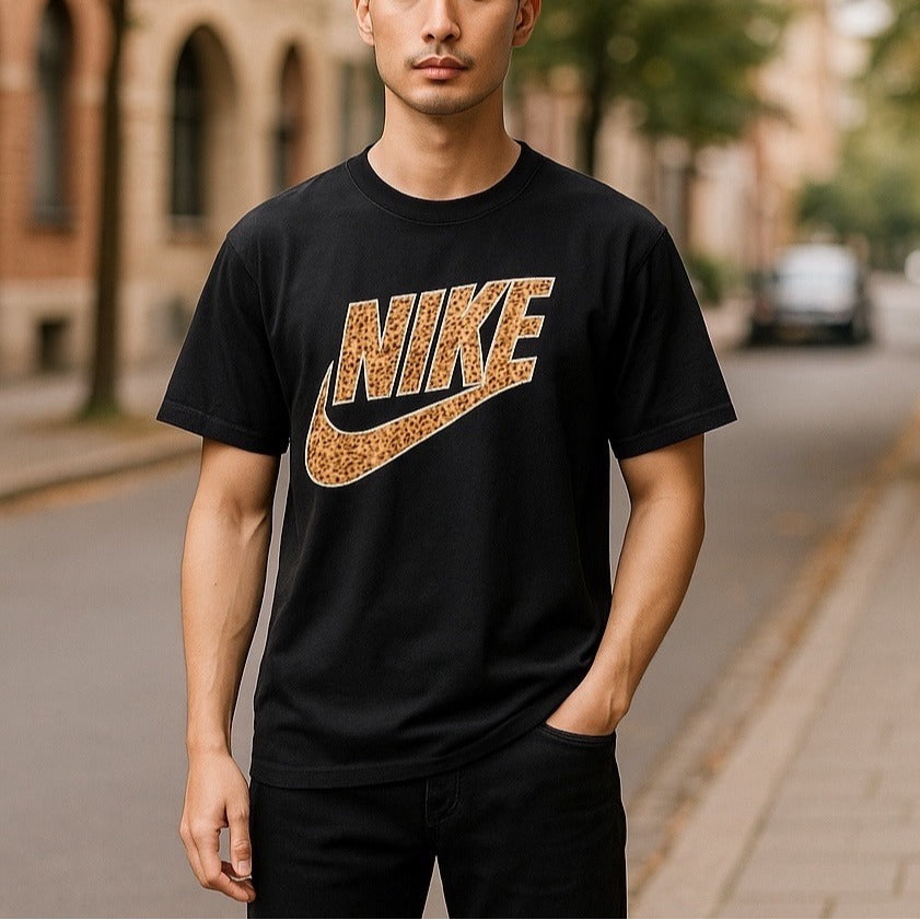Nike Black Tee With Leopard Print Logo Graphic Short Sleeves Size Small