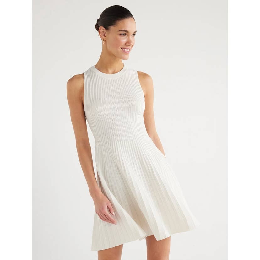 #1176 Scoop Women Size Medium Sleeveless High Neck White Mini Sweater Dress