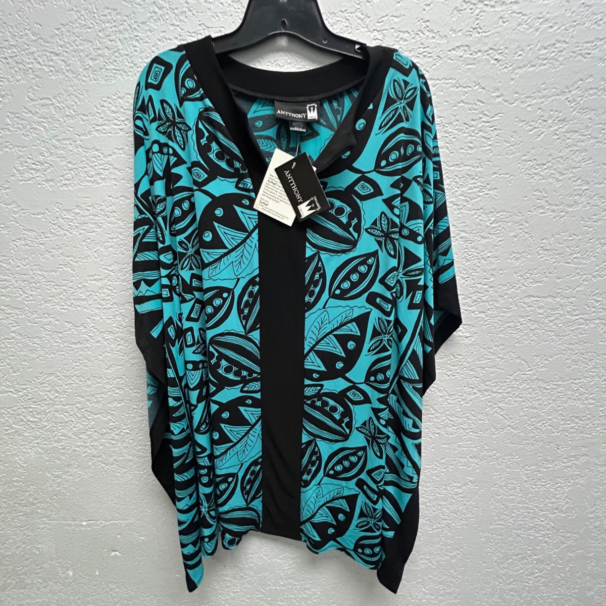 Antthony Womens XS/S Turquoise & Black Abstract Print Poncho Top