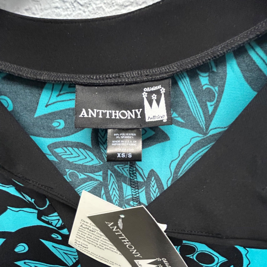 Antthony Womens XS/S Turquoise & Black Abstract Print Poncho Top
