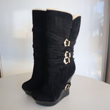 Black Suede Wedge Boots With Buckle Trim Faux Fur Lining  By Alba Size 7.5