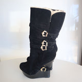 Black Suede Wedge Boots With Buckle Trim Faux Fur Lining  By Alba Size 7.5