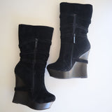 Black Suede Wedge Boots With Buckle Trim Faux Fur Lining  By Alba Size 7.5