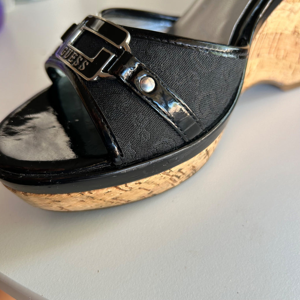 Guess "Hayworth" Platform Wedge Slip On Sandals in Black,  Women's Size 7