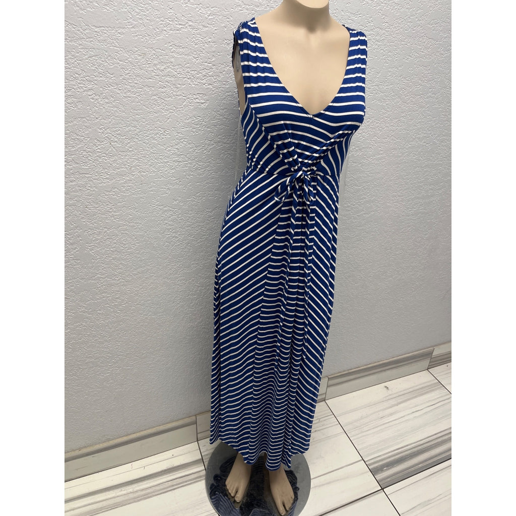 #1126 Isabel Maternity XS Navy Blue Striped Tie Waist Maxi Dress