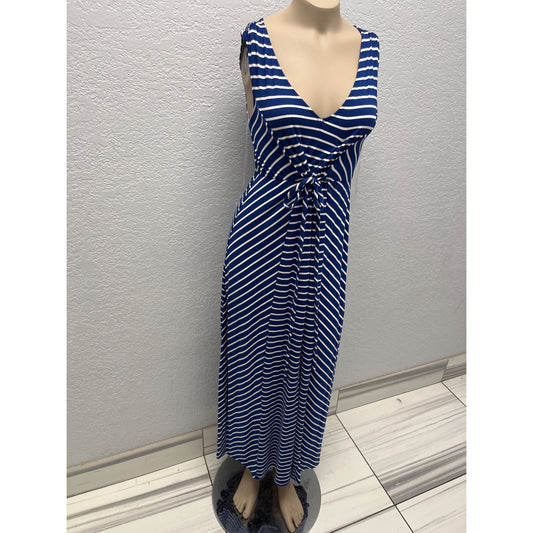 #1126 Isabel Maternity XS Navy Blue Striped Tie Waist Maxi Dress