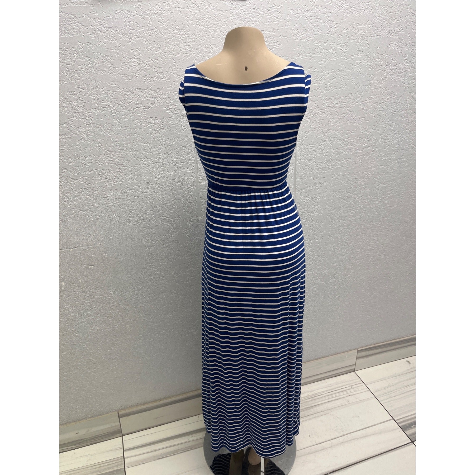 #1126 Isabel Maternity XS Navy Blue Striped Tie Waist Maxi Dress