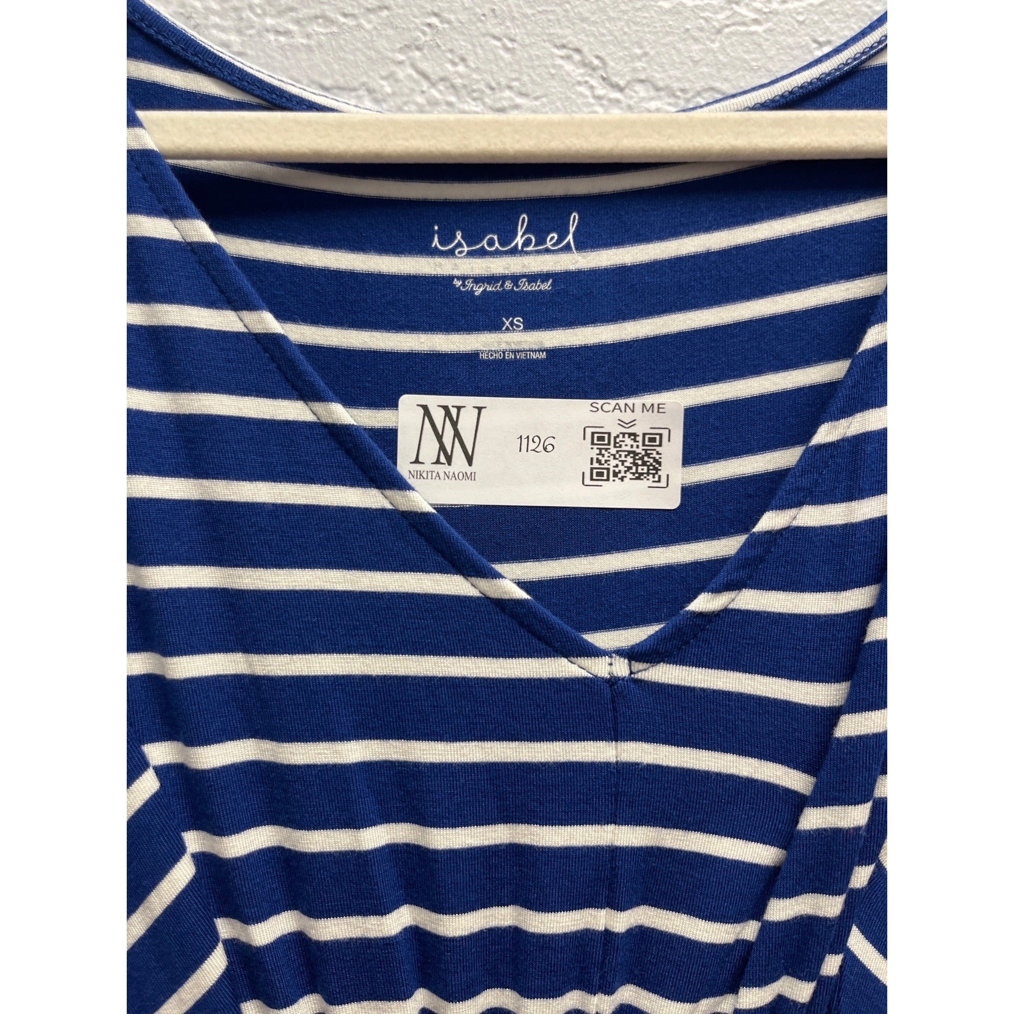 #1126 Isabel Maternity XS Navy Blue Striped Tie Waist Maxi Dress