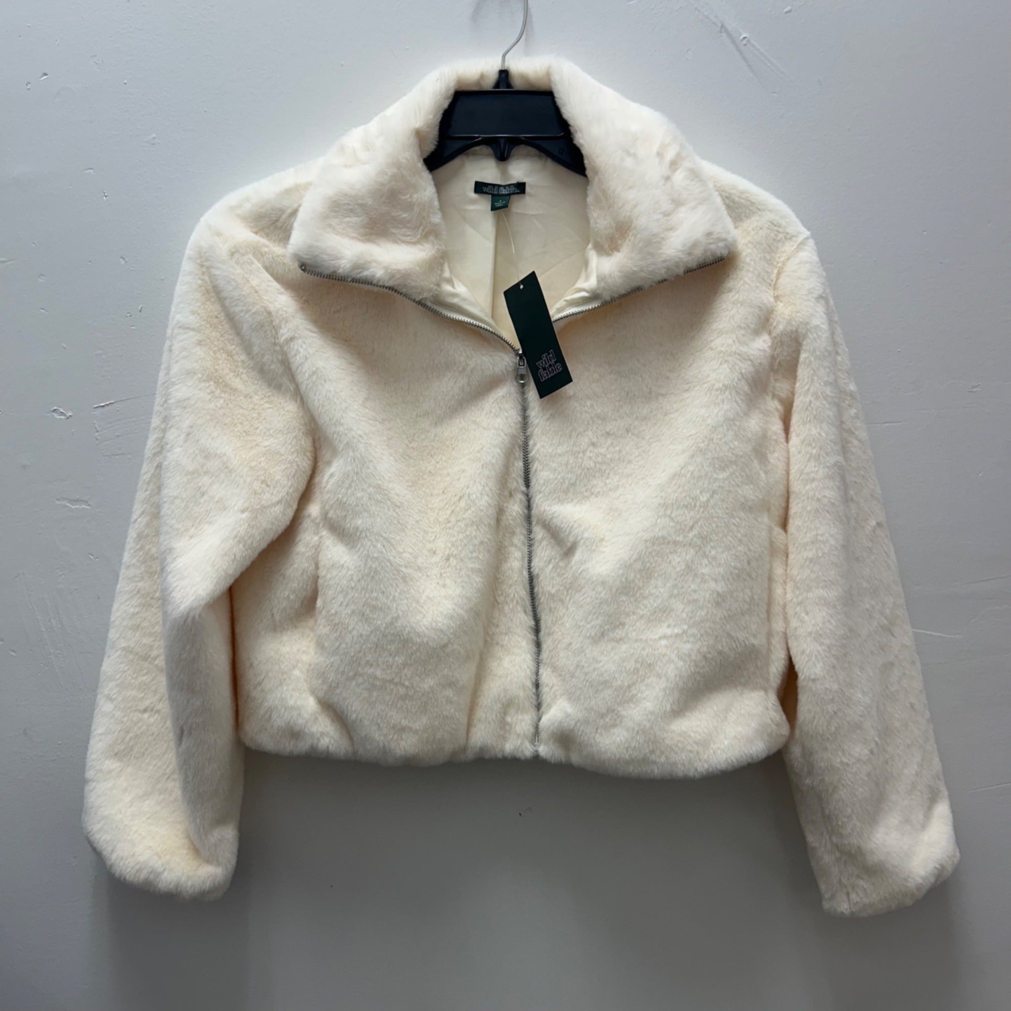 K-167 Wild Fable Faux Fur Zip-Up Cropped Jacket Cream Women's Size Small