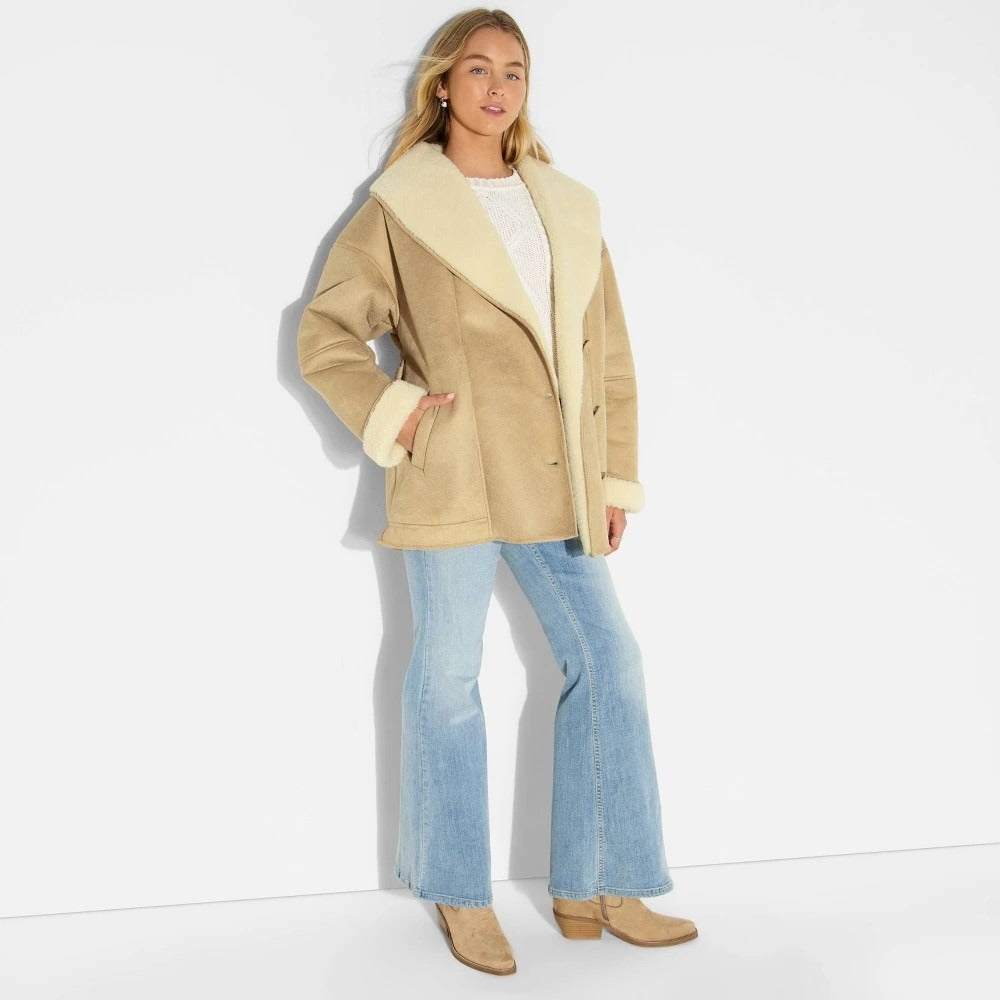 K-187 Wild Fable Shearling Coat Shawl Collar Tan Women's Size Large