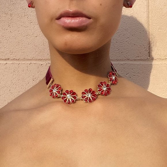 Mia Collection Gold & Red Flower Crystal Choker Necklace Velvet Ribbon Closure