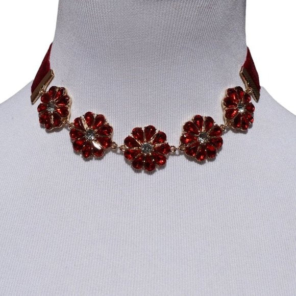 Mia Collection Gold & Red Flower Crystal Choker Necklace Velvet Ribbon Closure