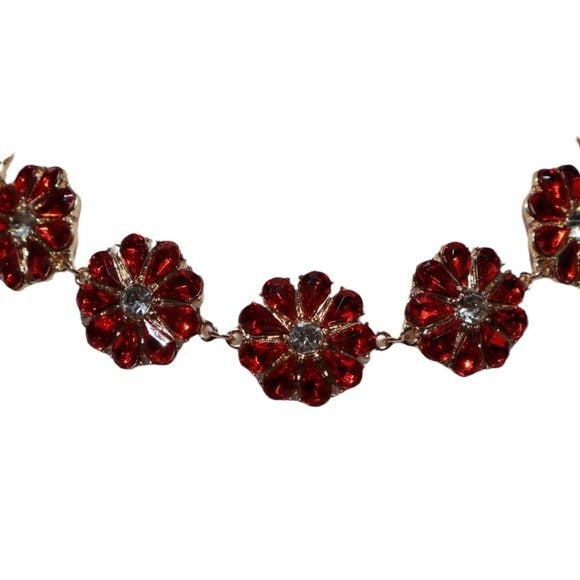 Mia Collection Gold & Red Flower Crystal Choker Necklace Velvet Ribbon Closure