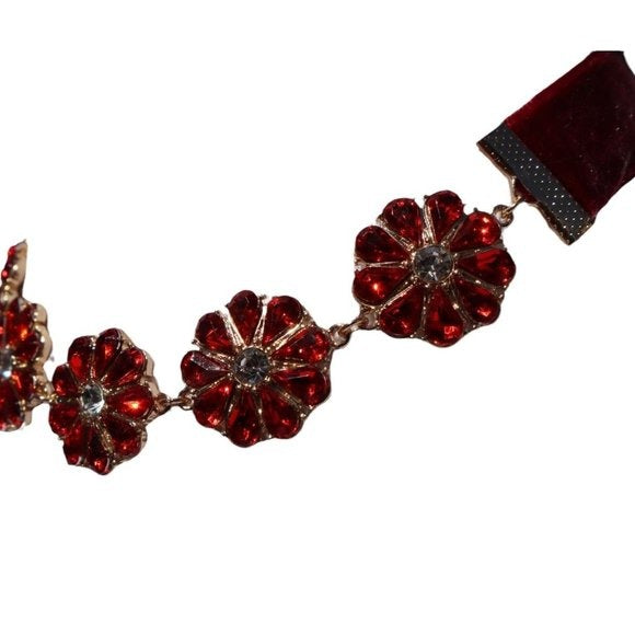 Mia Collection Gold & Red Flower Crystal Choker Necklace Velvet Ribbon Closure