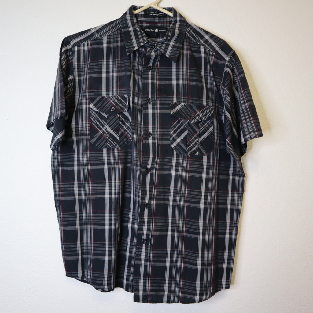 DG-178 Beverly Hills Polo Club Long Sleeve Men's Button-Up Shirt Black Plaid Size Large