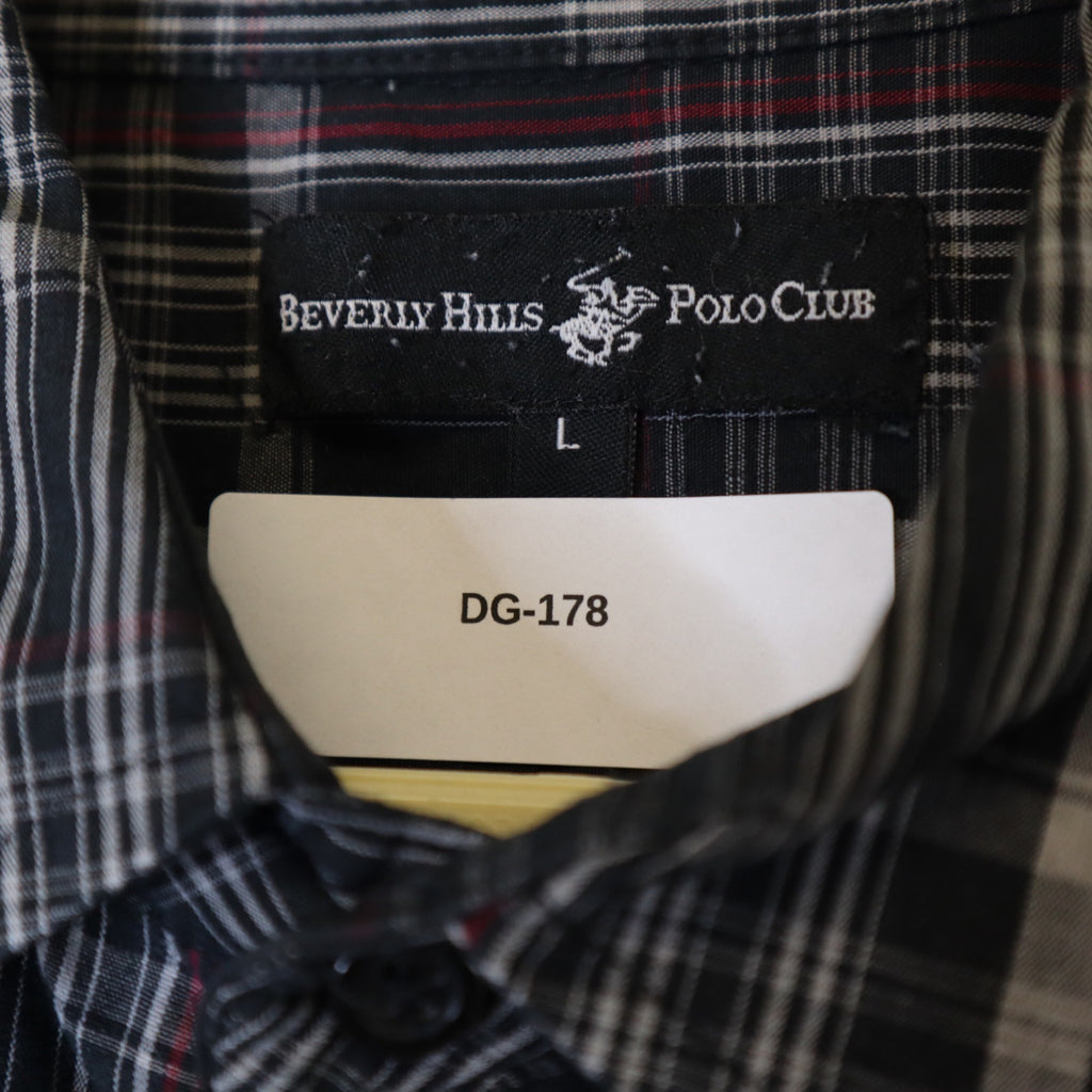 DG-178 Beverly Hills Polo Club Long Sleeve Men's Button-Up Shirt Black Plaid Size Large