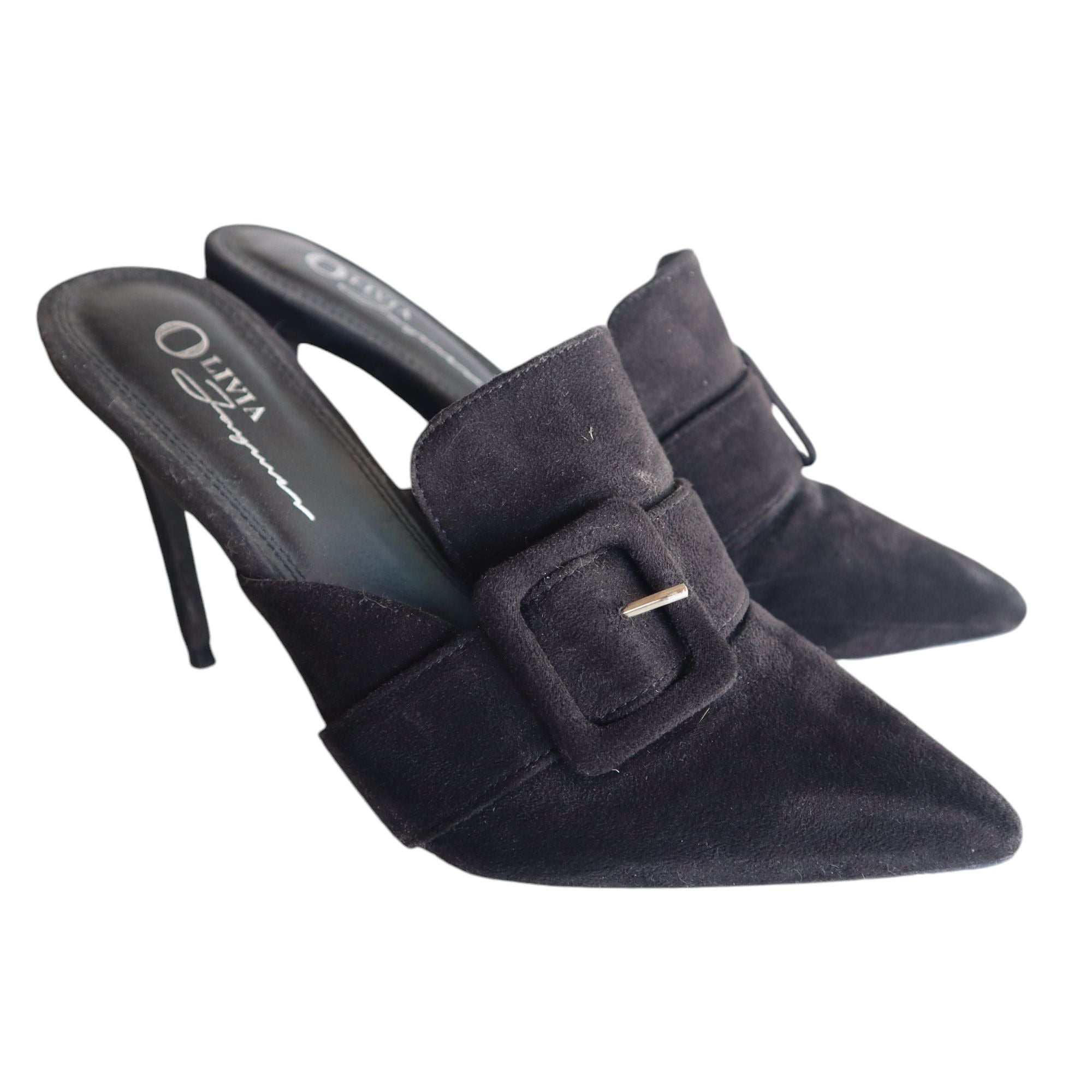 Olivia Ferguson Black Suede Pointed Toe High Heel Mules With Buckle Strap