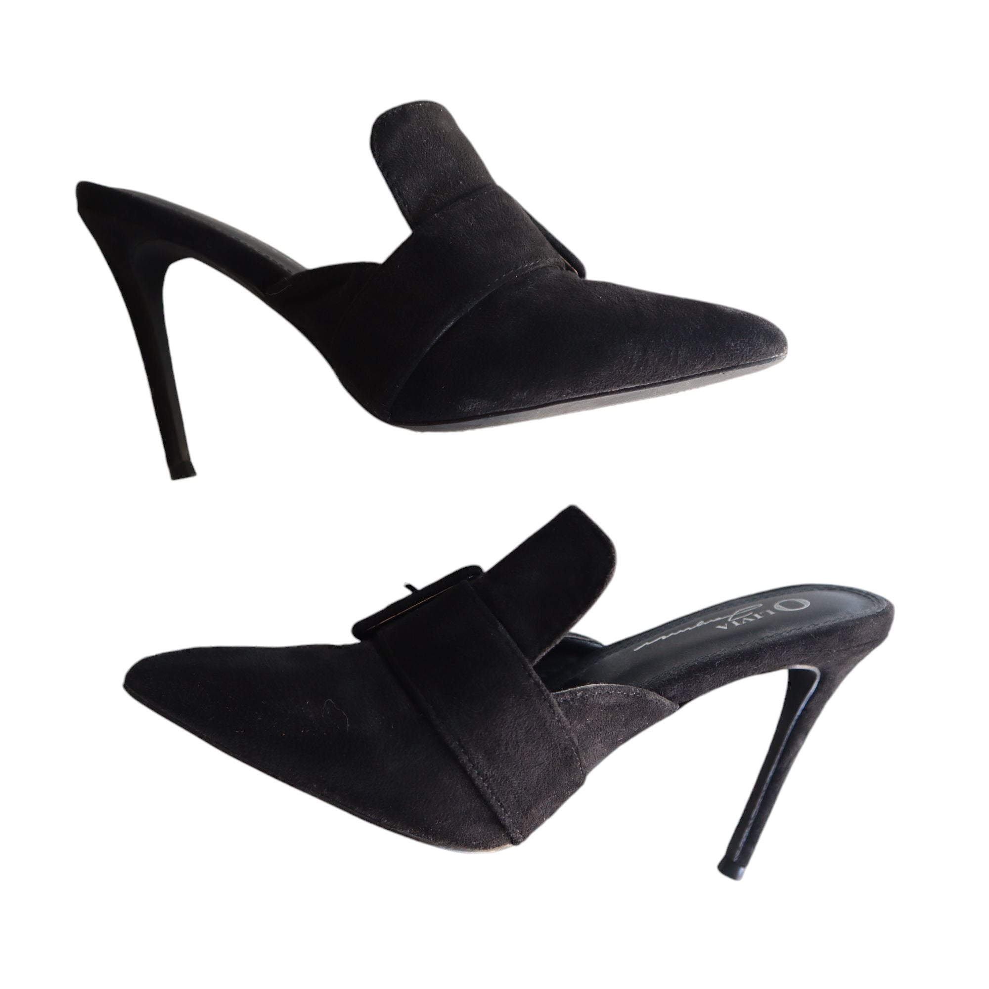 Olivia Ferguson Black Suede Pointed Toe High Heel Mules With Buckle Strap