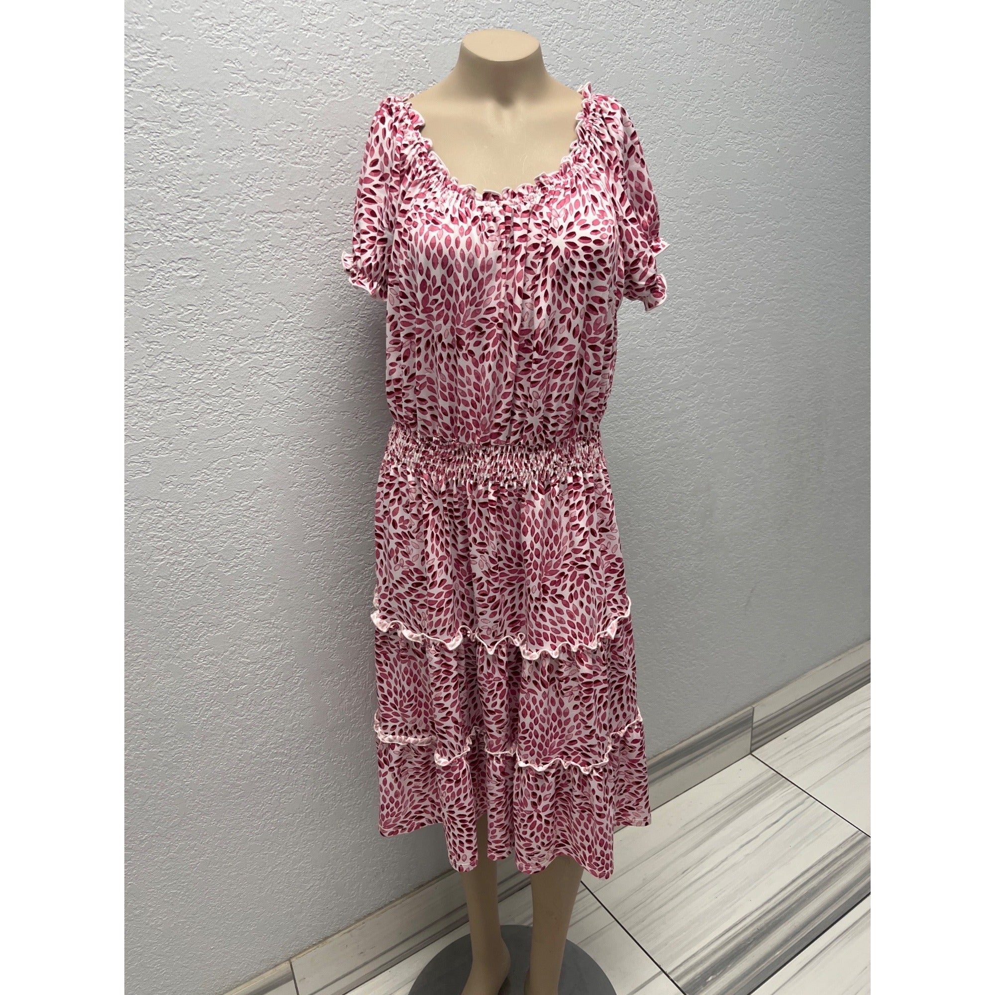 #1094 Kate And Lily Women's Size 8 Pink & White Tiered Floral Midi Dress Smocked Waist