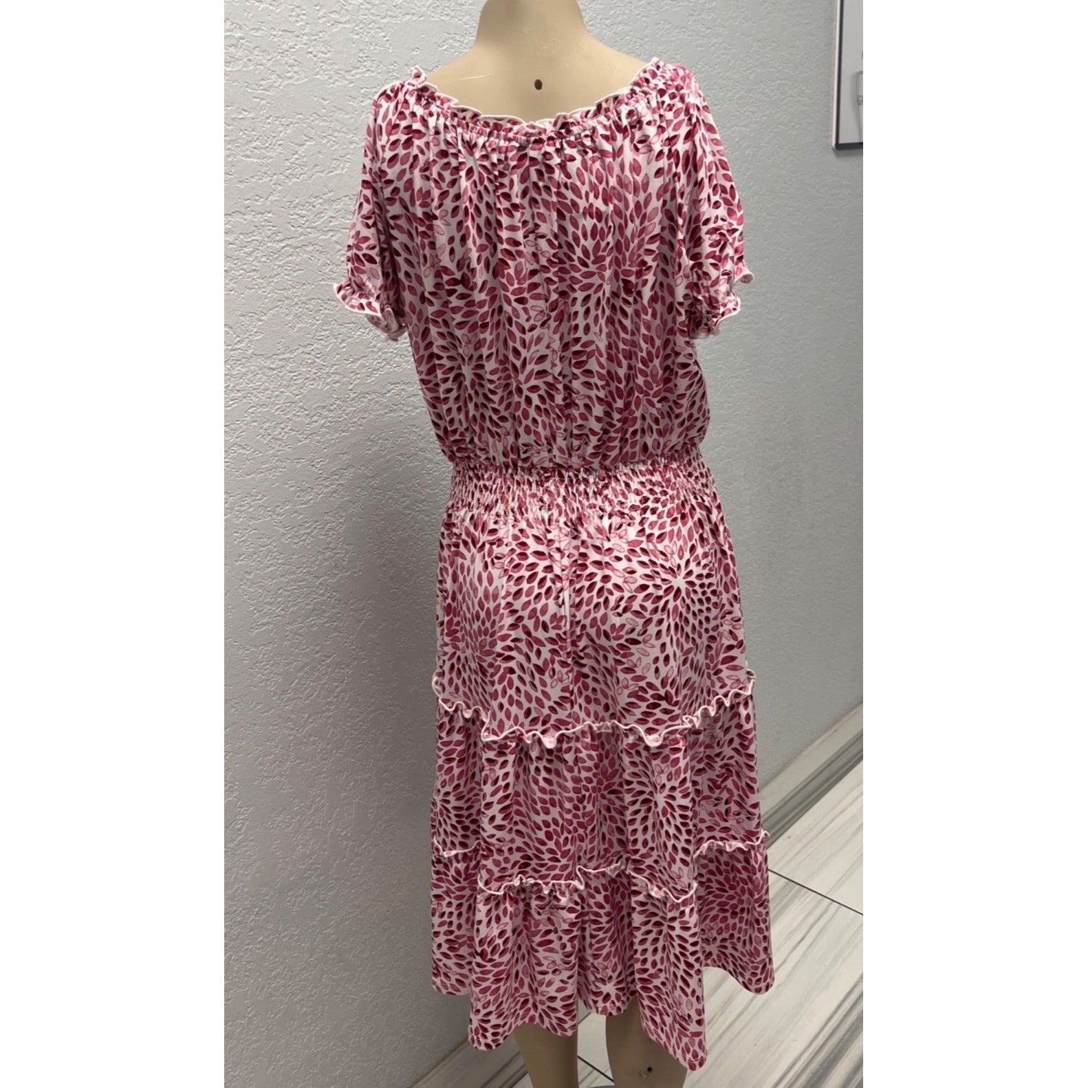 #1094 Kate And Lily Women's Size 8 Pink & White Tiered Floral Midi Dress Smocked Waist