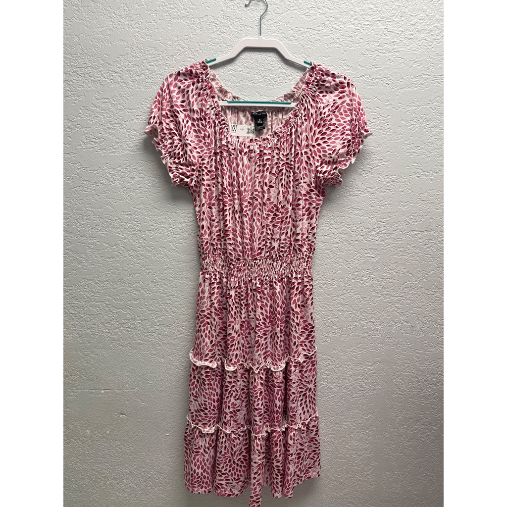 #1094 Kate And Lily Women's Size 8 Pink & White Tiered Floral Midi Dress Smocked Waist