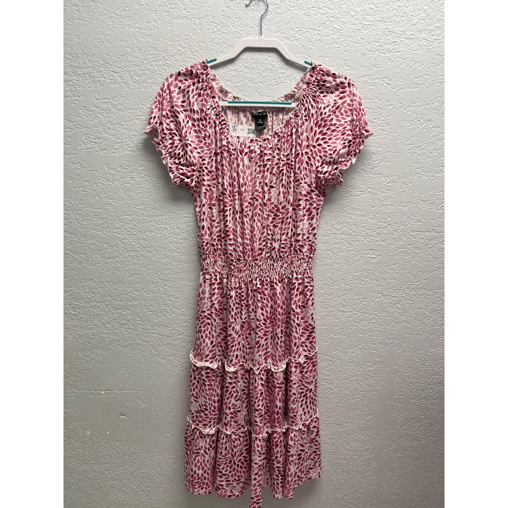 #1094 Kate And Lily Women's Size 8 Pink & White Tiered Floral Midi Dress Smocked Waist