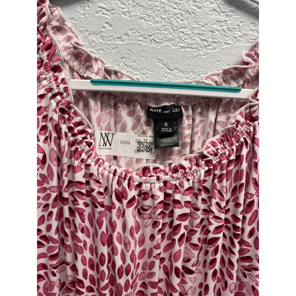 #1094 Kate And Lily Women's Size 8 Pink & White Tiered Floral Midi Dress Smocked Waist