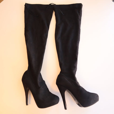 Forever Women's Size 7 Black Lace Up Drawstring Tie Knee High Stiletto Boots