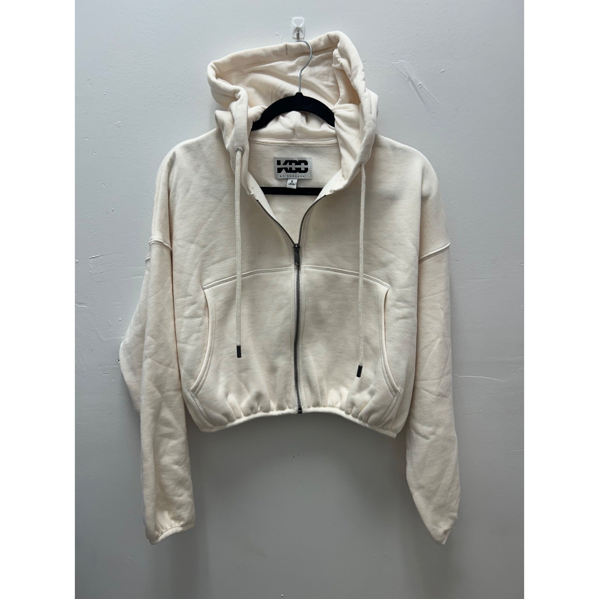 K-175 Kbb By Kahlana Size Small Cropped Zip-Up Hoodie Off-White Drawstring Hood