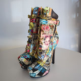 Women's High Heel Platform Booties With Magazine Print & Chain Detail Size 6.5