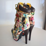 Women's High Heel Platform Booties With Magazine Print & Chain Detail Size 6.5