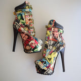 Women's High Heel Platform Booties With Magazine Print & Chain Detail Size 6.5