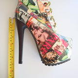 Women's High Heel Platform Booties With Magazine Print & Chain Detail Size 6.5